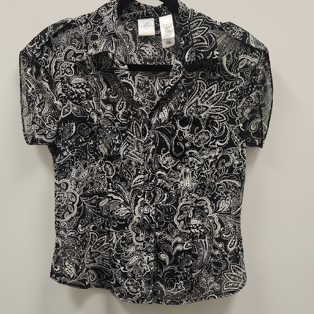 Emma James Black and White Sheer Paisley Shirt Size 8